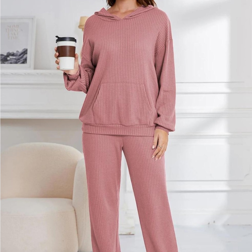 Anna-Kaci women’s waffle knit hooded lounge set mauve